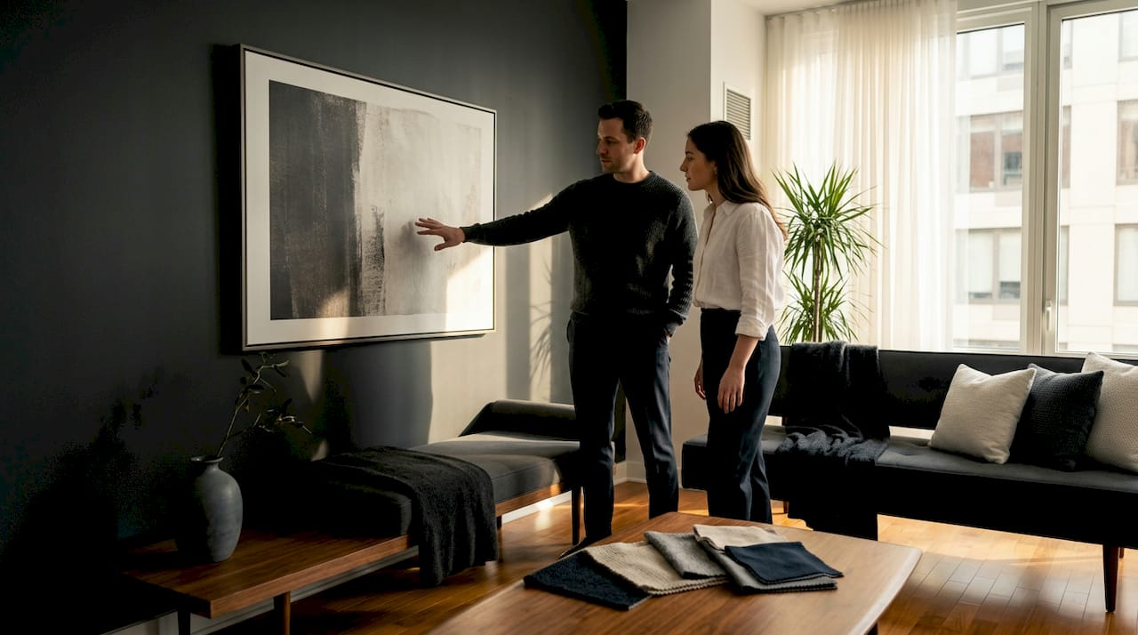 Couple inspecting canvas finish in modern living room