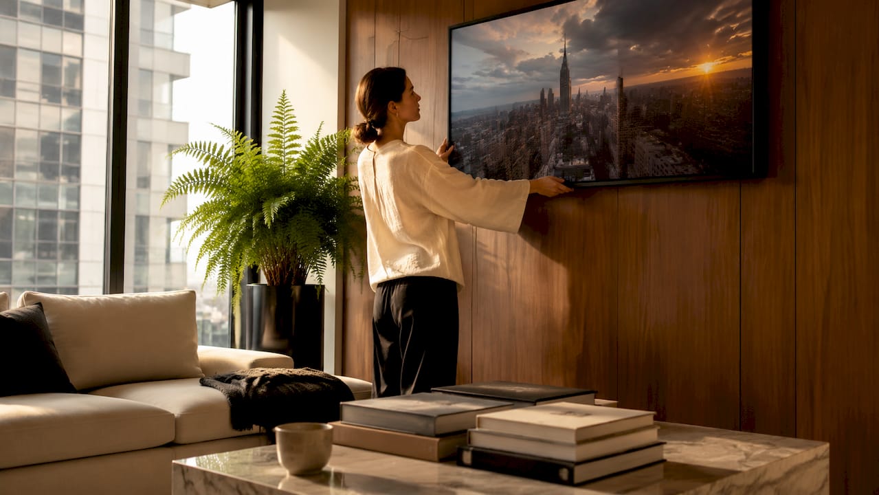 Young woman arranging urban wall art in apartment