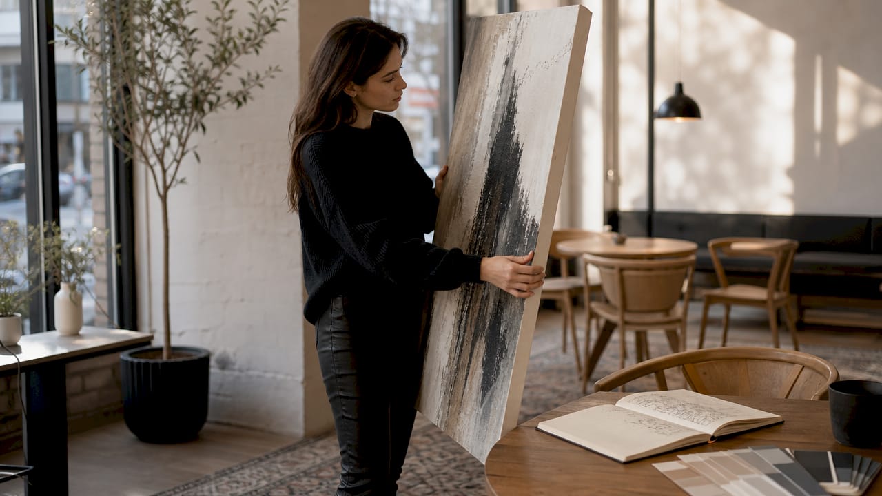Interior designer examining canvas art in luxurious apartment