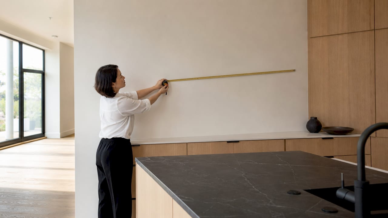 Woman measuring large living room wall
