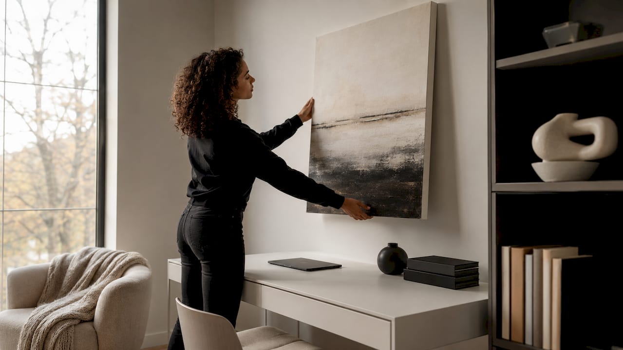 Woman hanging canvas wall art in living room