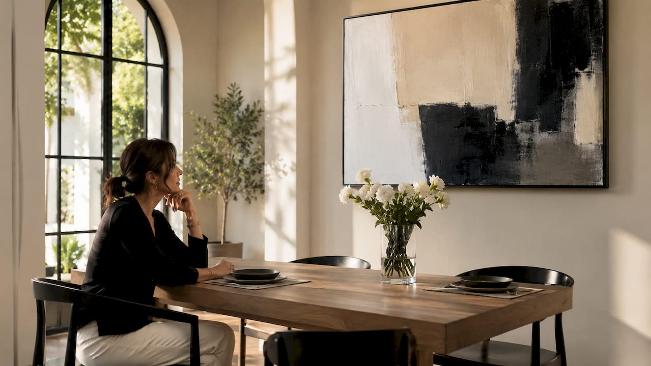 Large canvas art above sofa in bright living room