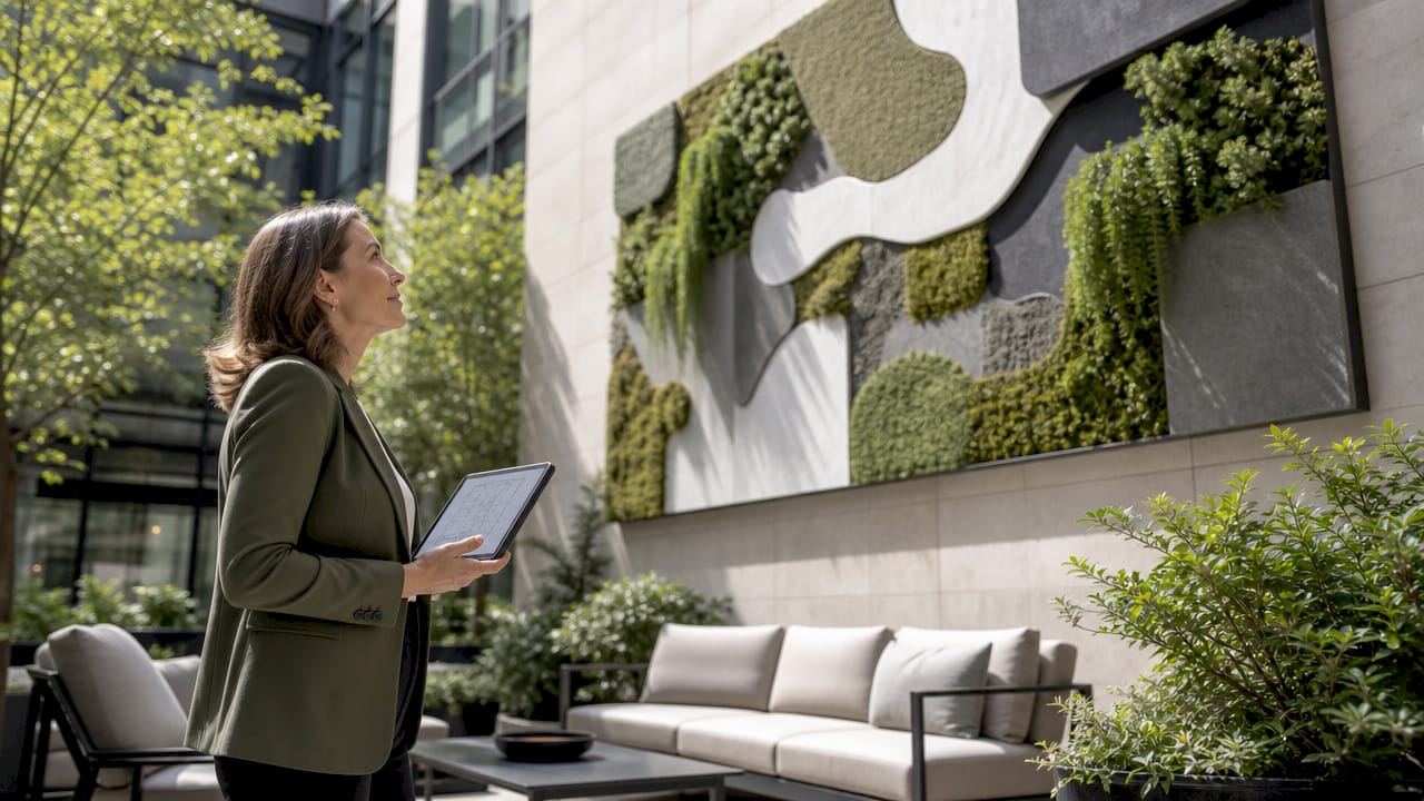 Interior designer reviewing wall art in corporate lobby