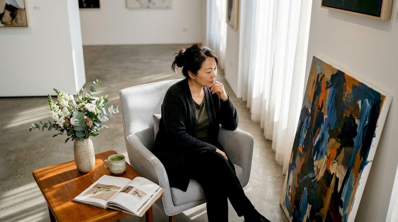 Woman reviewing luxury brand artwork in living room