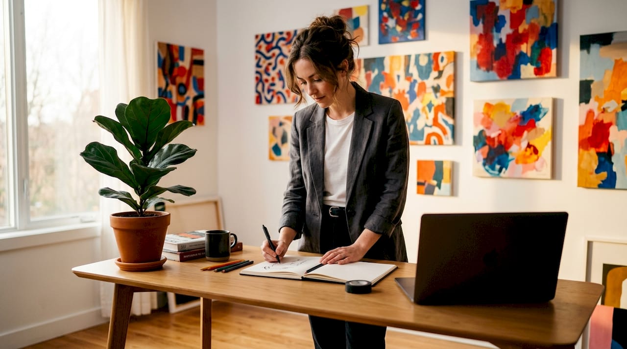 Woman sitting on sofa with bold canvas art