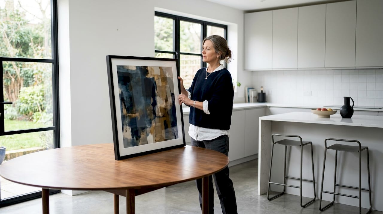 Woman positioning artwork above dining table