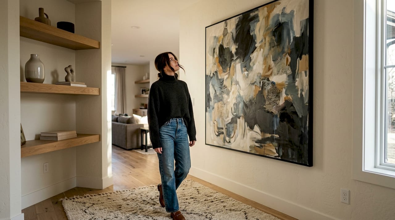 Woman admiring oversized wall art in entryway