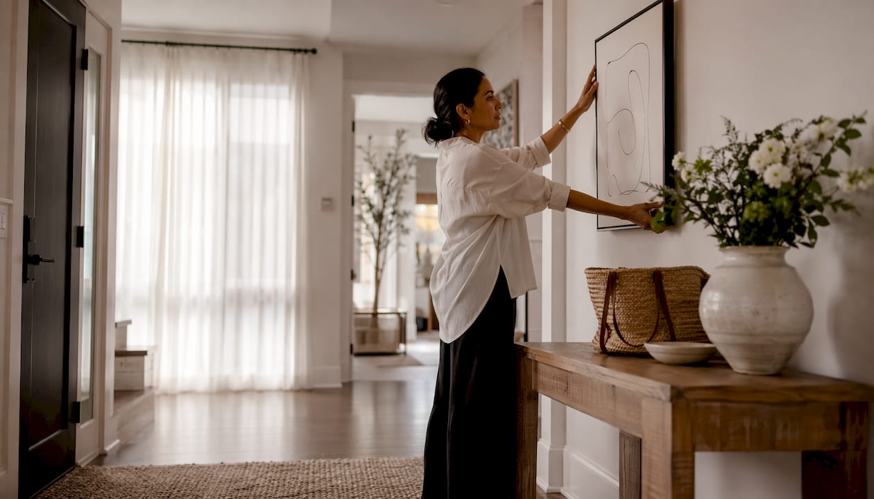 Woman adjusting entryway wall art