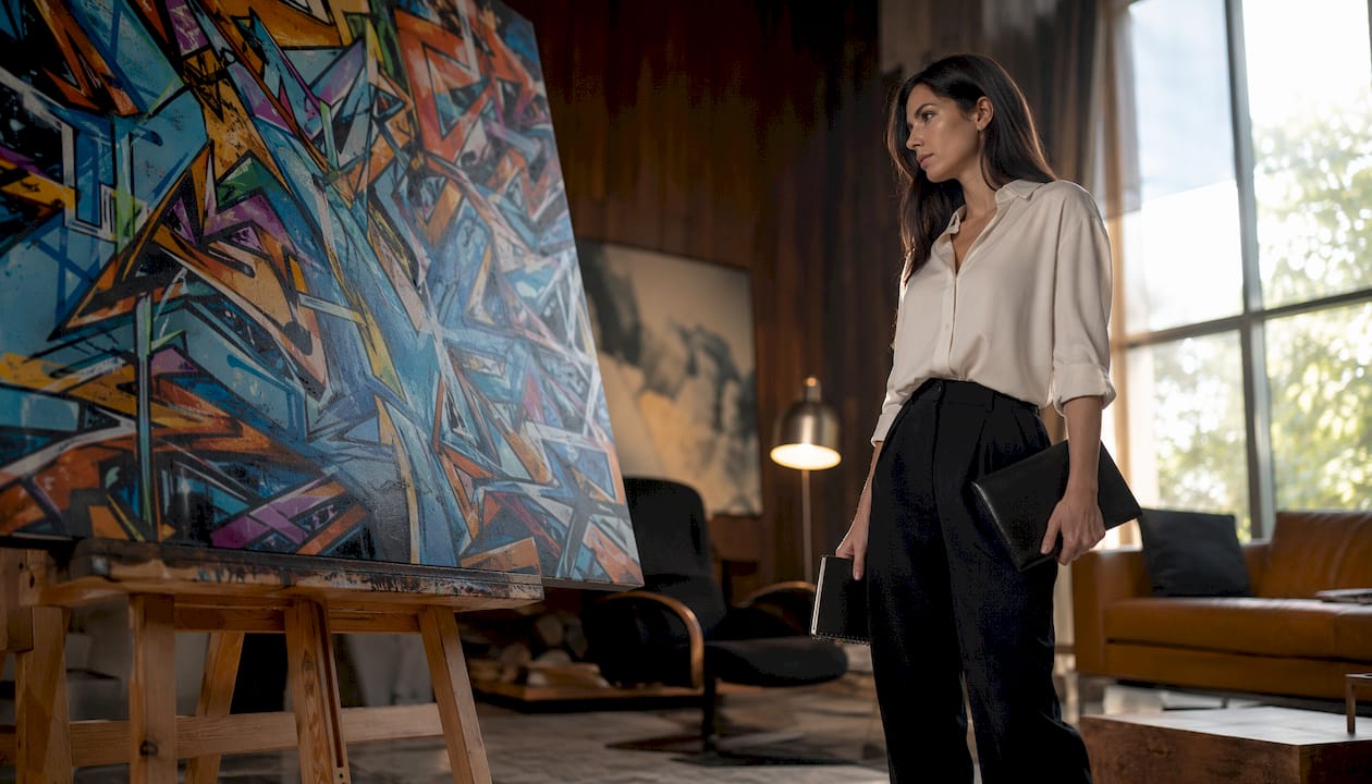 Collector admiring high-end graffiti canvas in gallery