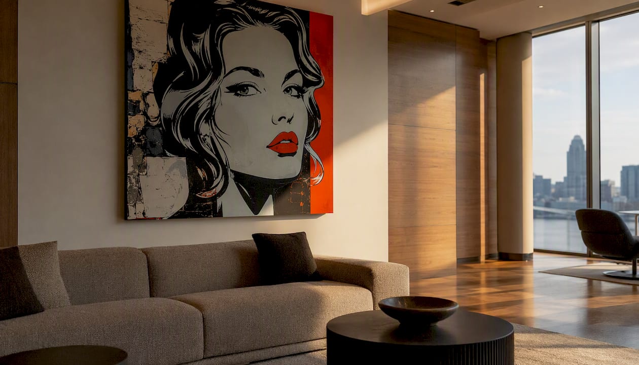 Reception area with bold luxury canvas art