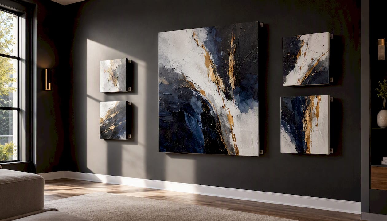 Layered statement canvases on gallery wall
