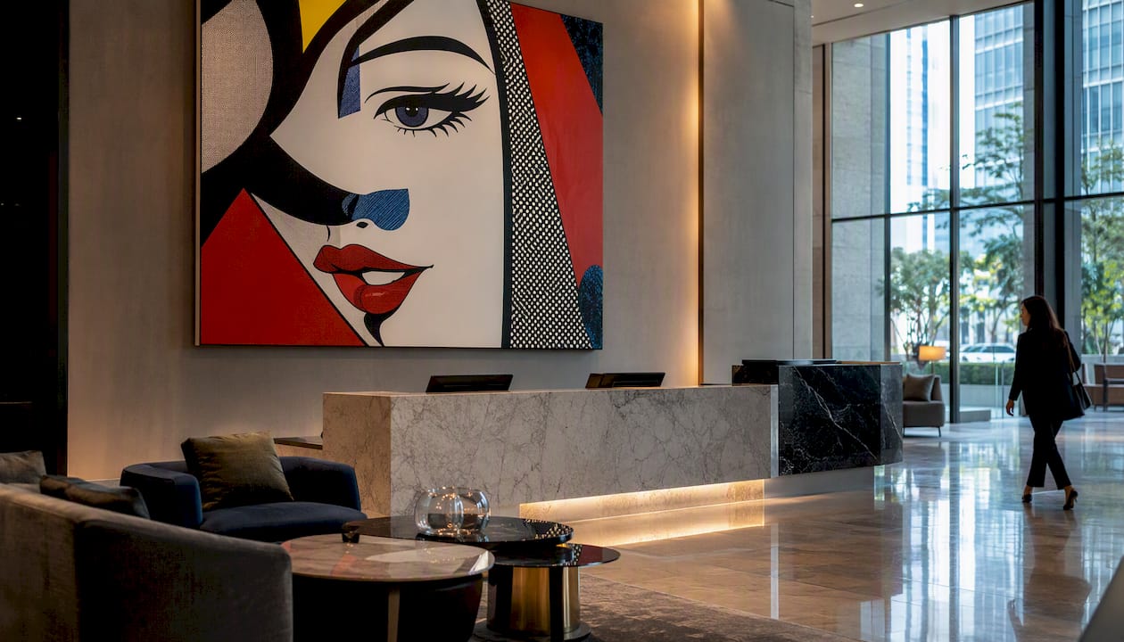 Luxury hotel lobby with large canvas wall art