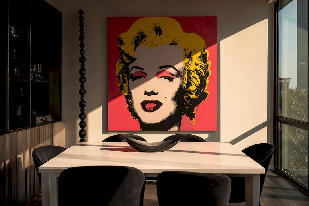 Modern living room featuring Marilyn Monroe Pop Art canvas