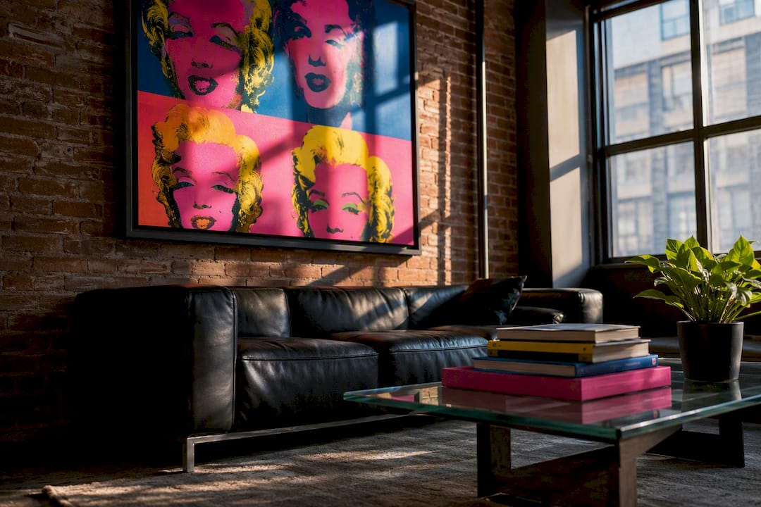 Living room with vibrant Warhol-style pop art