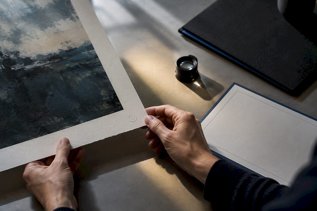 Collector examining print and certificate details