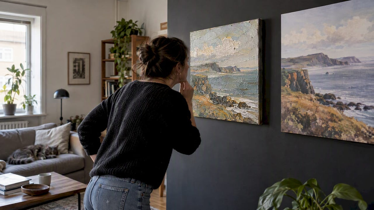 Homeowner comparing an original painting and print