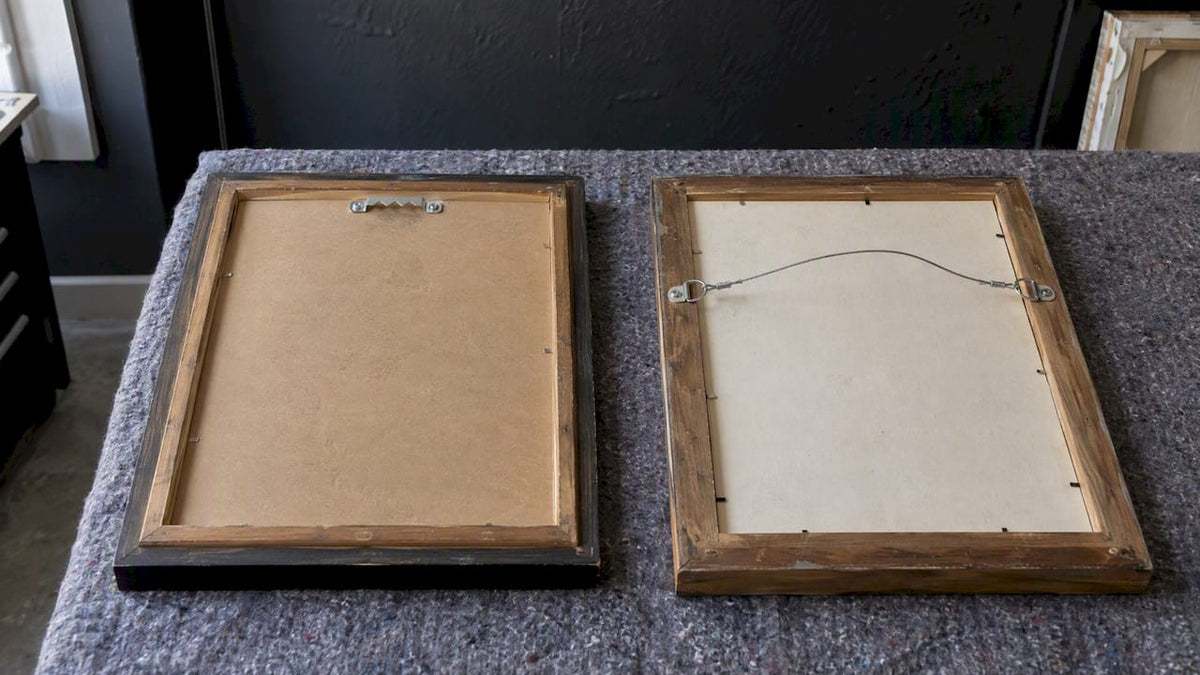 Sawtooth hanger and wire on frame backs