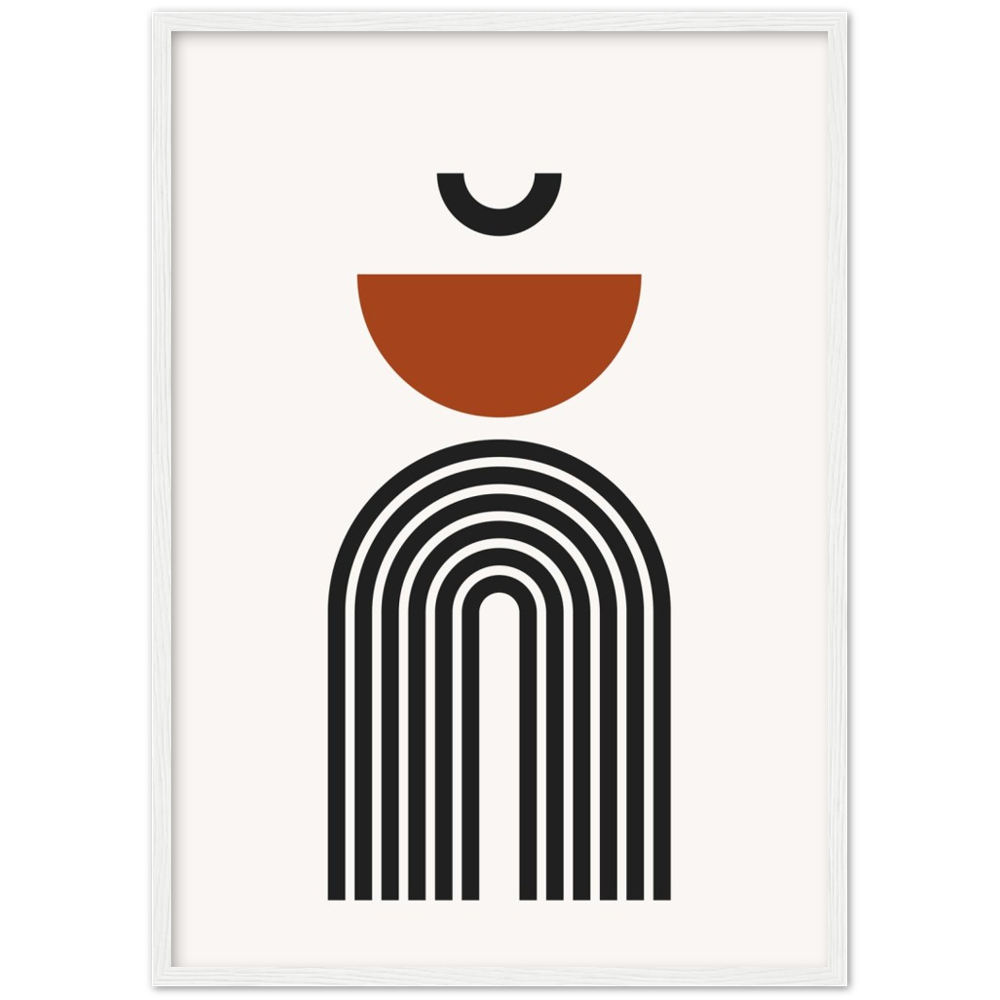 Living Room Minimalist Wall Art: Abstract geometric print featuring black, white, and burnt orange shapes. Modern home decor.