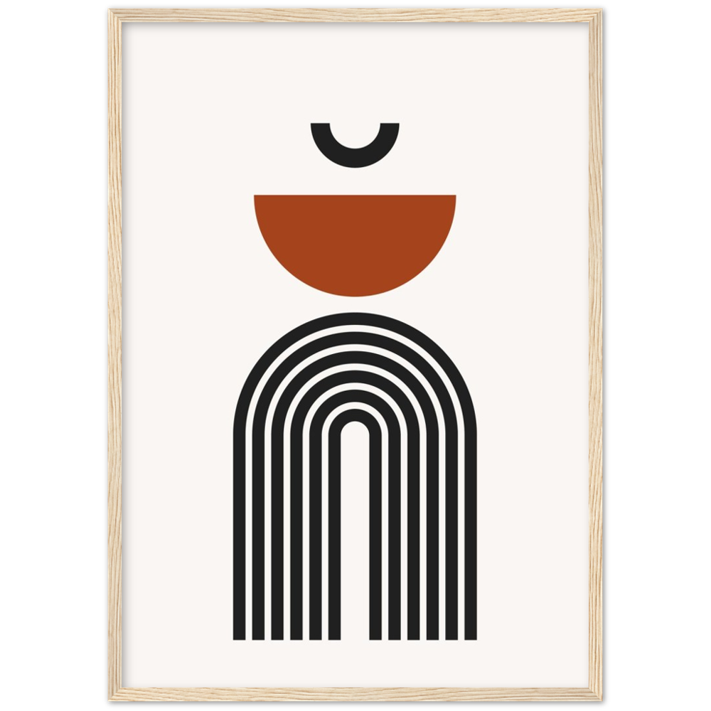 Living Room Minimalist Wall Art: Abstract geometric print featuring black, white, and burnt orange shapes in an arched design.