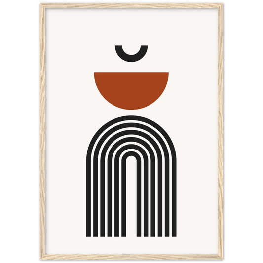 Living Room Minimalist Wall Art: Abstract geometric print featuring black, white, and burnt orange shapes in an arched design.