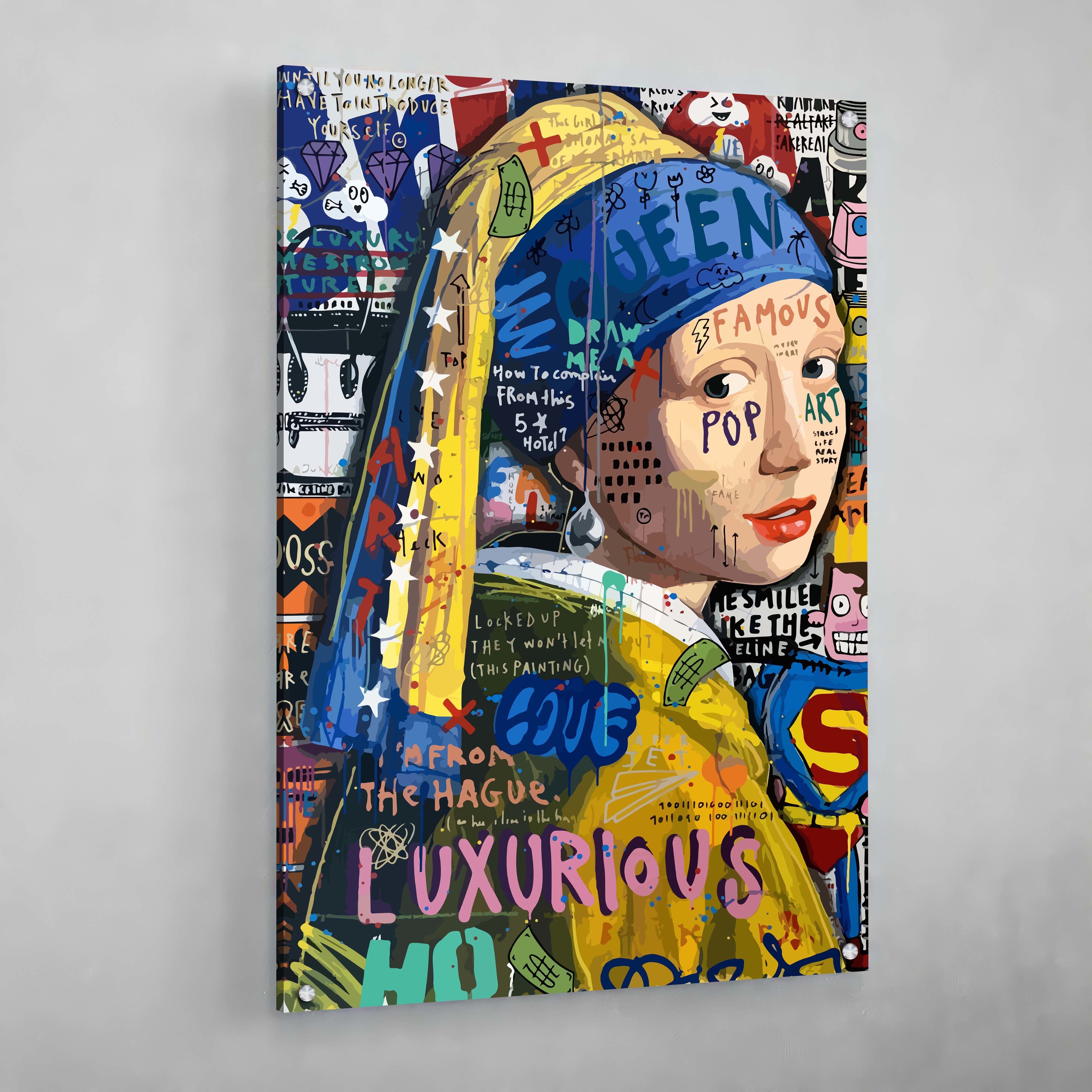 Girl With A Pearl Earring Graffiti Wall Art: Vibrant pop art painting featuring a modern twist on the classic masterpiece.