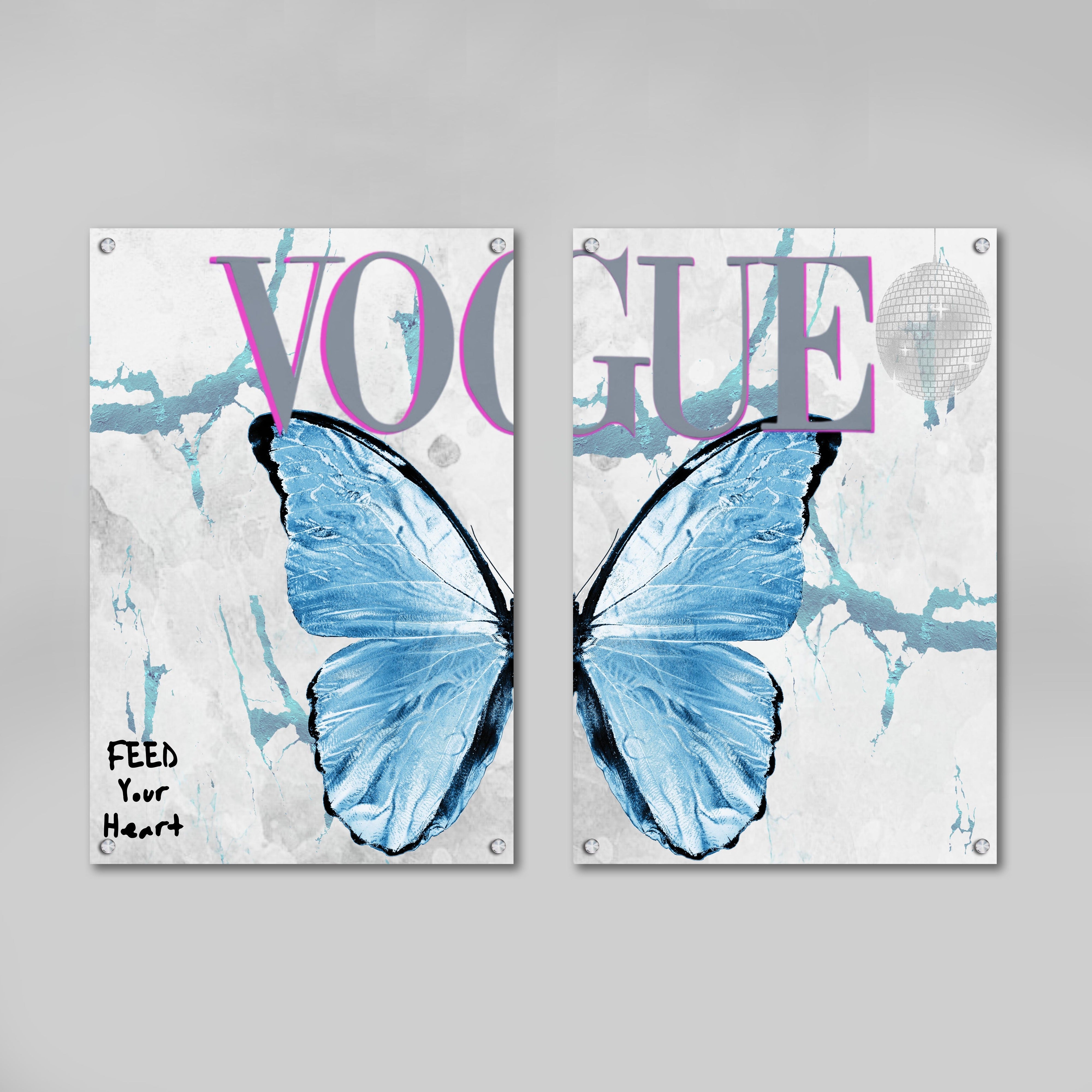 Blue Vogue Wall Art: Diptych featuring a large blue butterfly on a marble background, accented with the word Vogue and a disco ball.