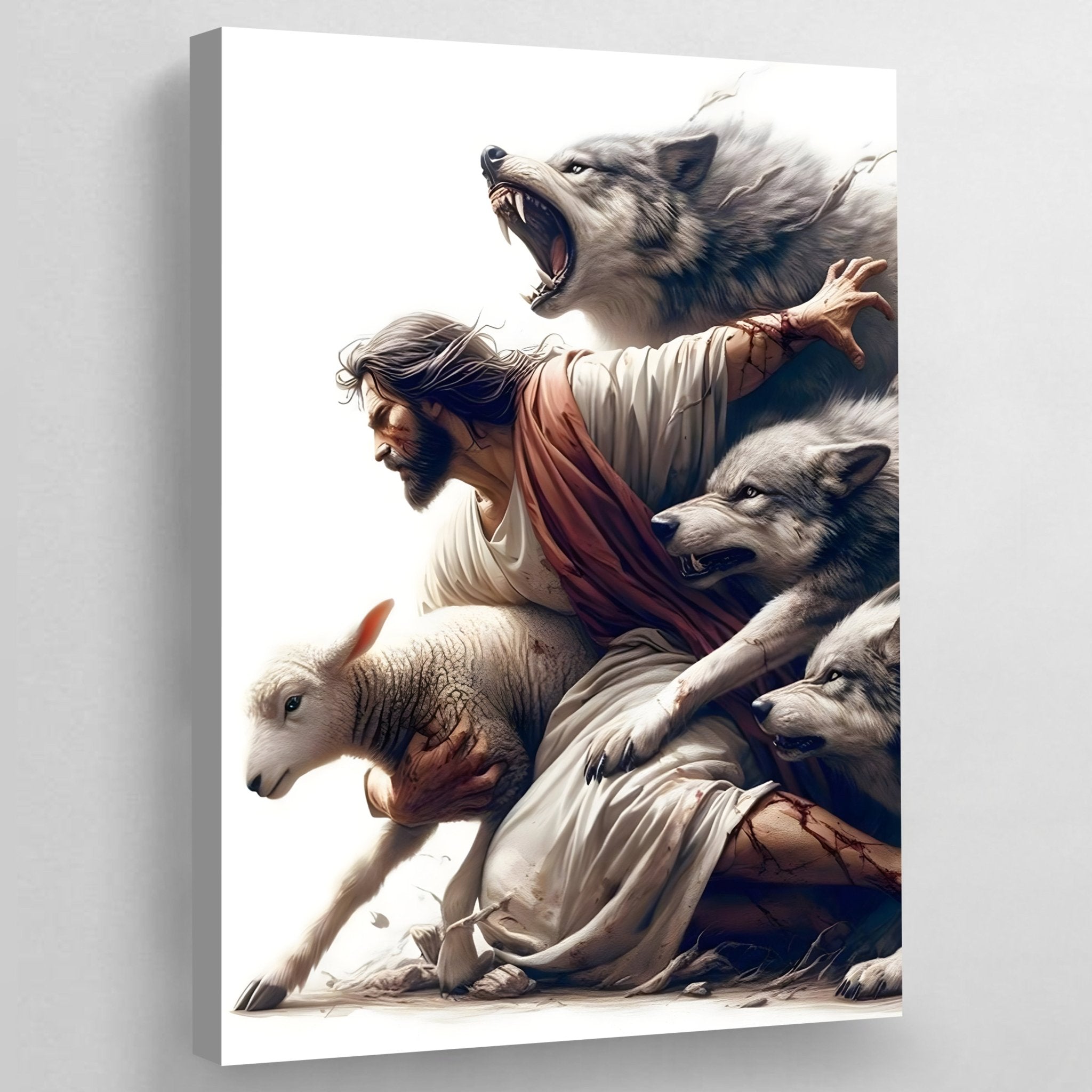 Jesus Protecting Lamb From Wolves Wall Art - Luxury Art Canvas
