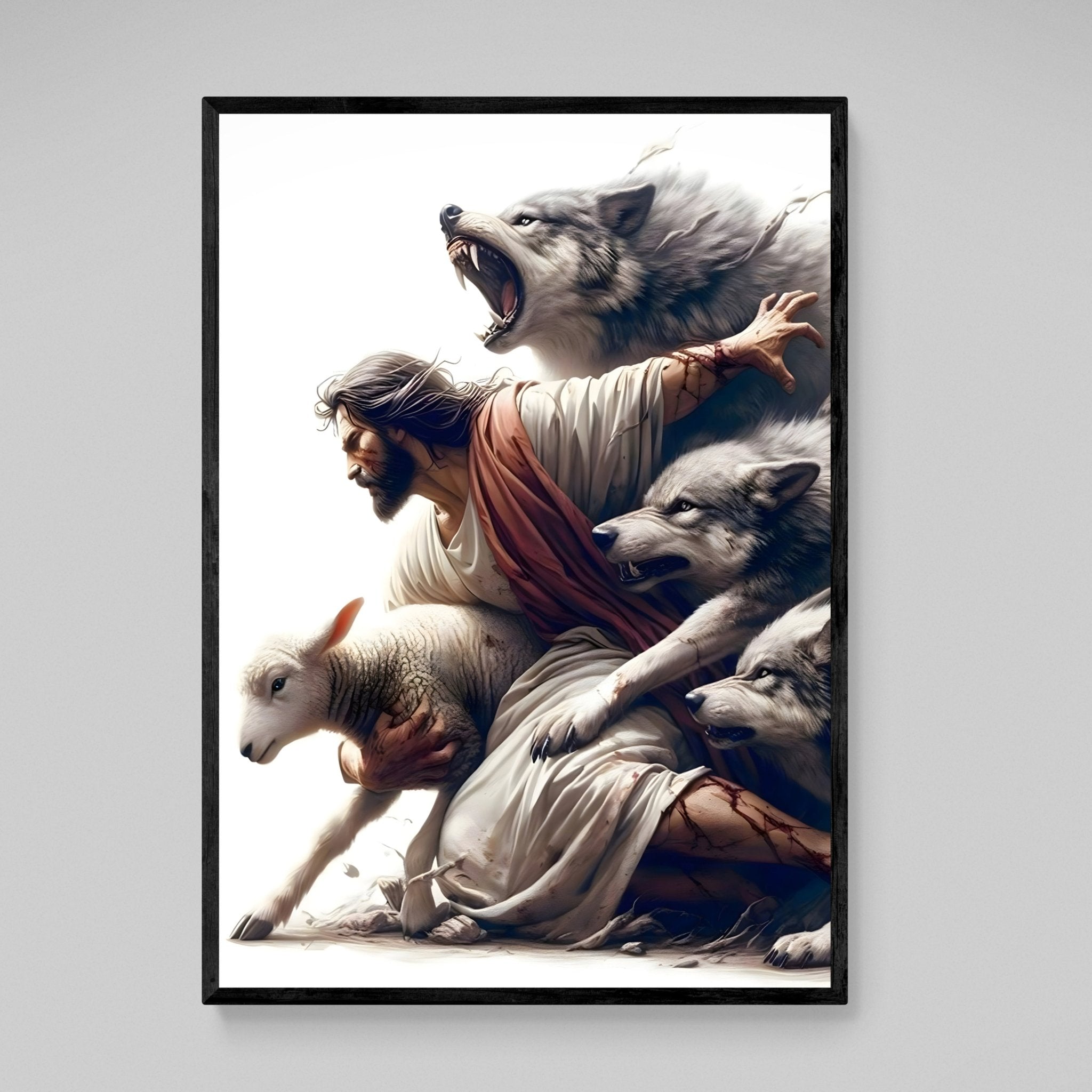 Jesus Protecting Lamb From Wolves Wall Art - Luxury Art Canvas