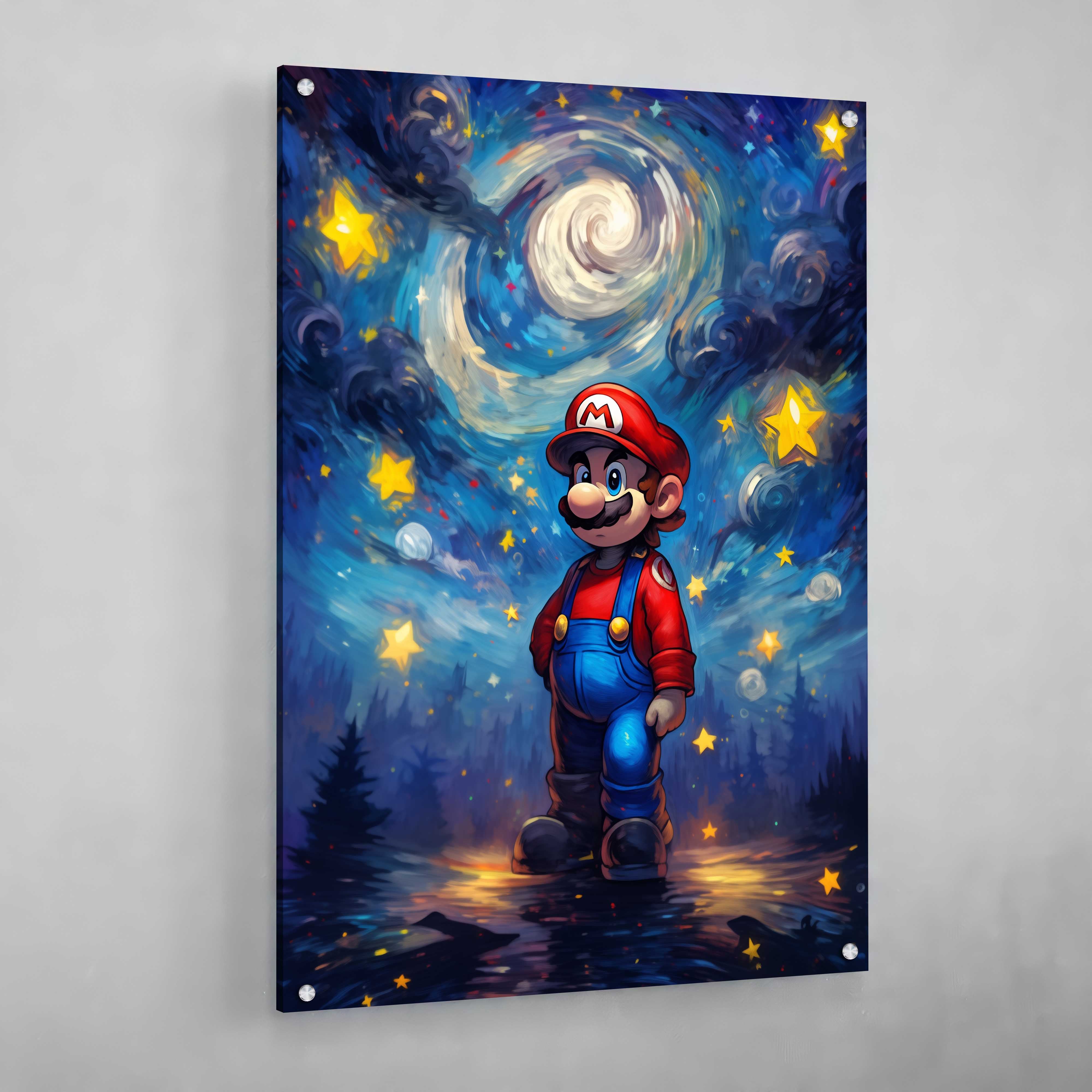 Italian Man Anime Wall Art: Mario in a Starry Night style, vibrant colors