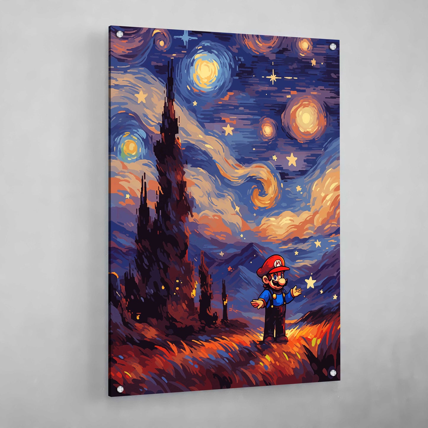 Italian Man Starry Night Anime Wall Art: Mario in Van Gogh's Starry Night, vibrant anime style