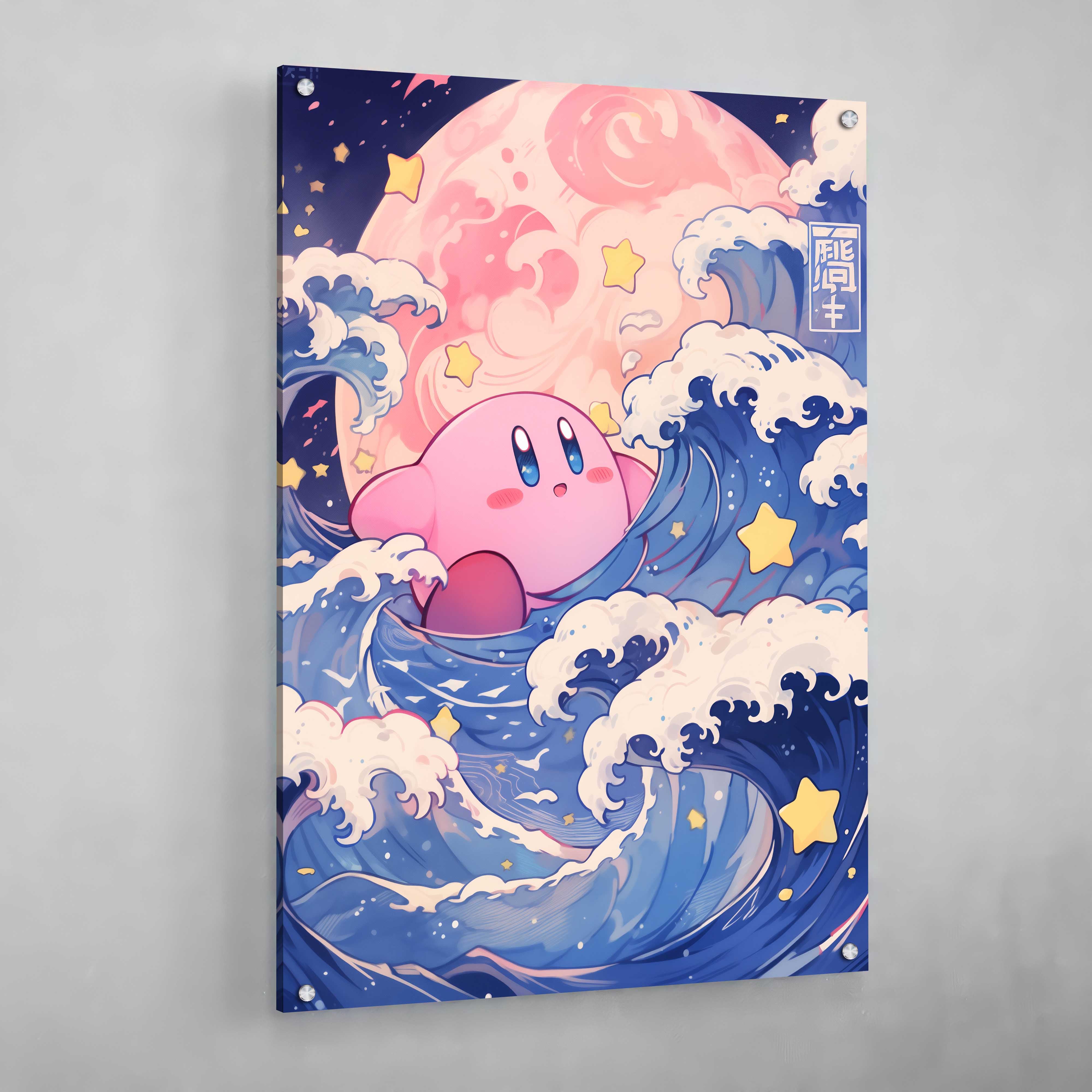 Kirb Wave Anime Wall Art: Adorable Kirby character amidst stylized Japanese waves and a pink moon, perfect for gamers and anime fans.