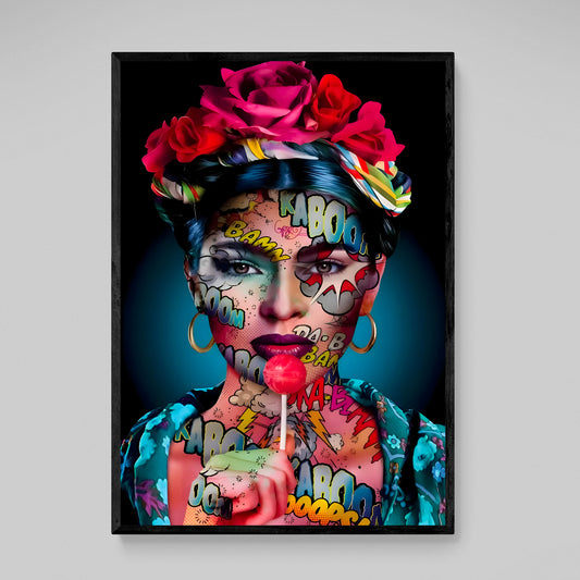 Frida Kahlo Pop Art Wall Art: Vibrant portrait of Frida Kahlo with comic book style face and floral crown.