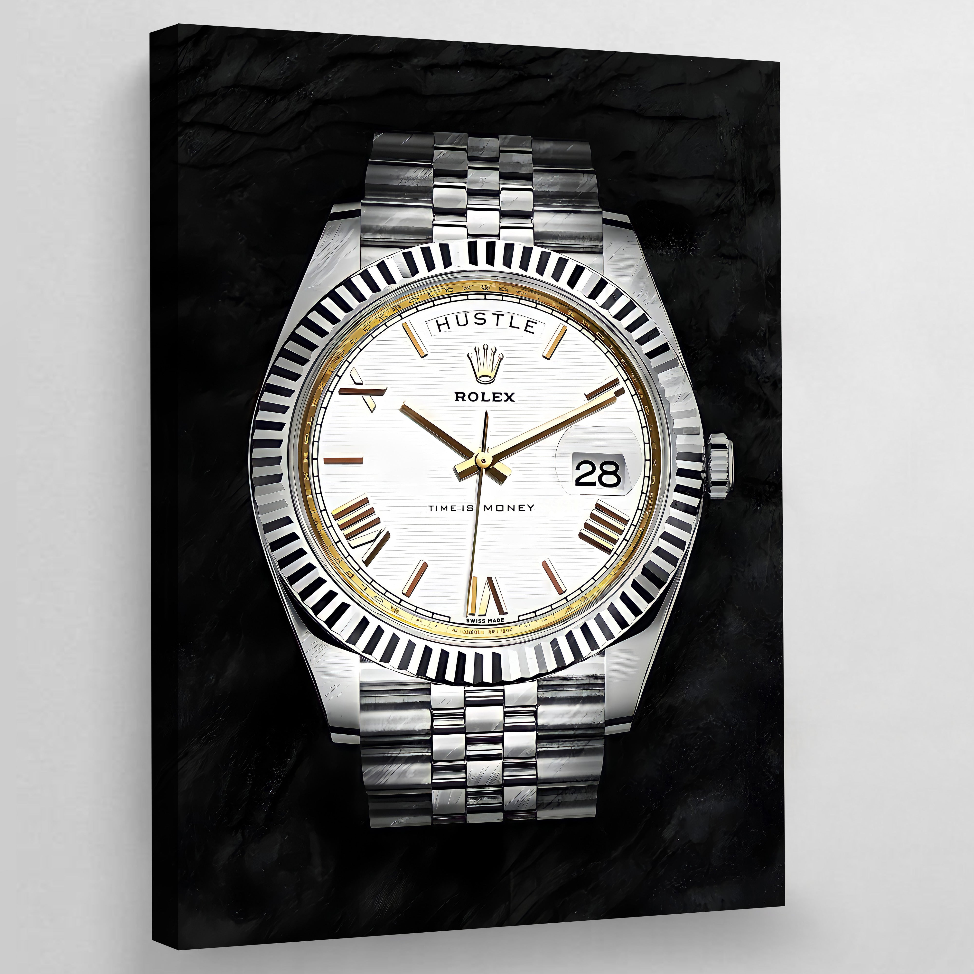 Rolex Wall Art: Stylish silver and gold Rolex watch canvas print, featuring a white face and "Hustle" and "Time is Money" text.
