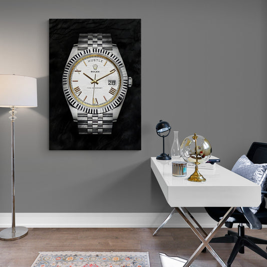 Rolex Wall Art: Close-up of a silver Rolex watch on a black background.  Stylish and modern home decor.