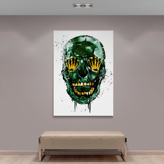 Rolex Canvas Art: Green skull with gold crown eye details, abstract paint splatter artwork