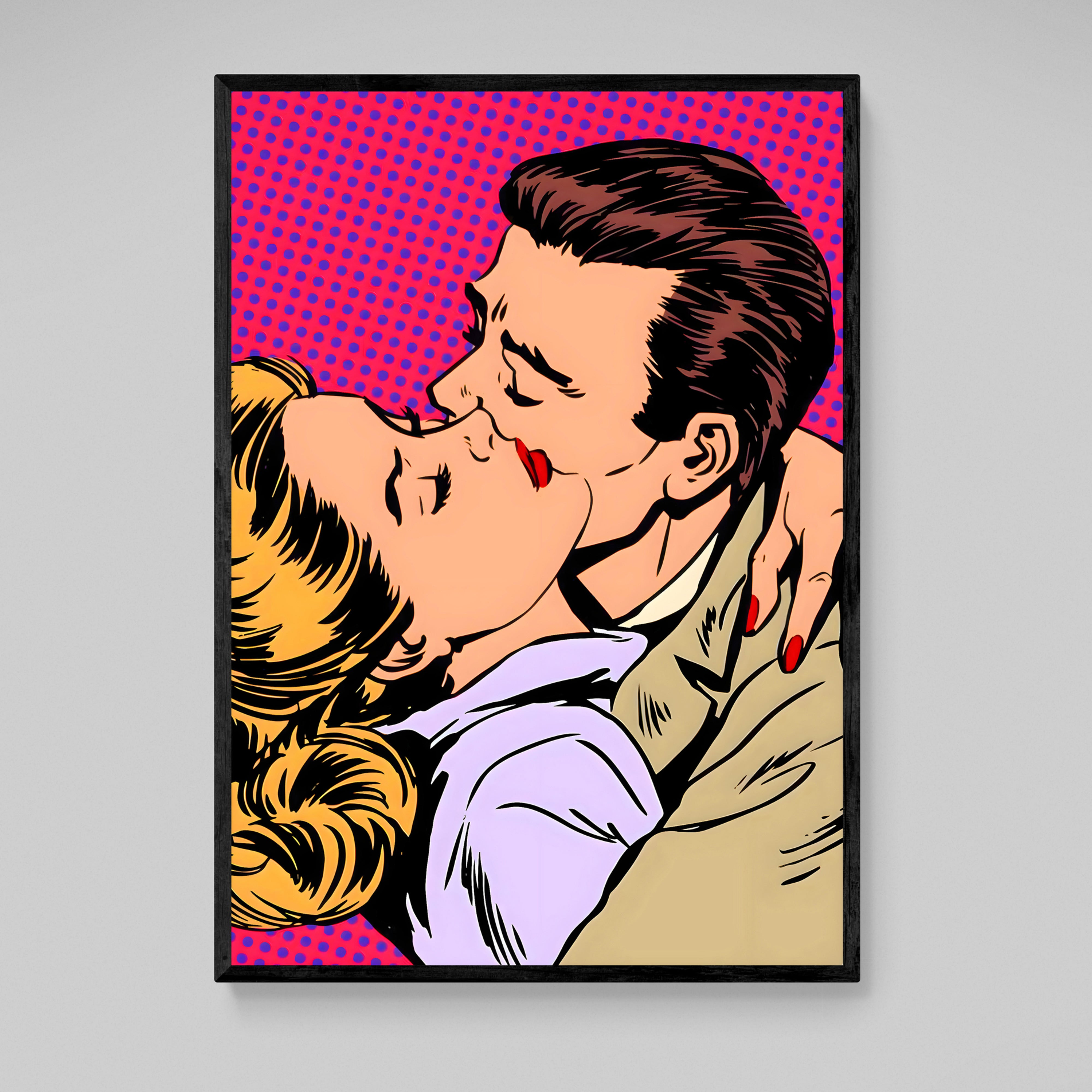 Colorful Pop Art Canvas: A passionate kiss depicted in vibrant pop art style.