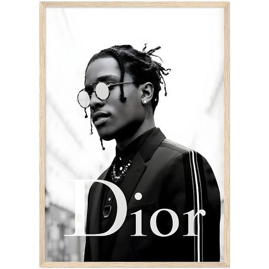 Asap Rocky Dior Wall Art: Black and white portrait of A$AP Rocky wearing Dior, stylish sunglasses.