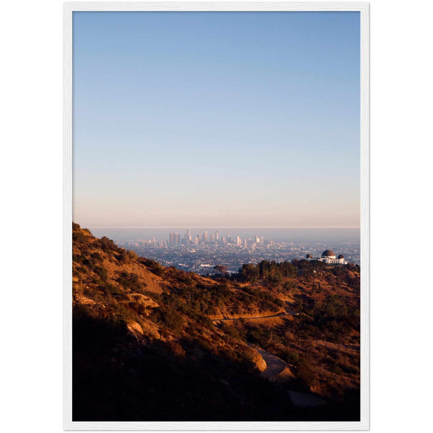 Los Angeles View Wall Art: Panoramic sunset view of the LA skyline from Griffith Observatory, showcasing city lights and hills.