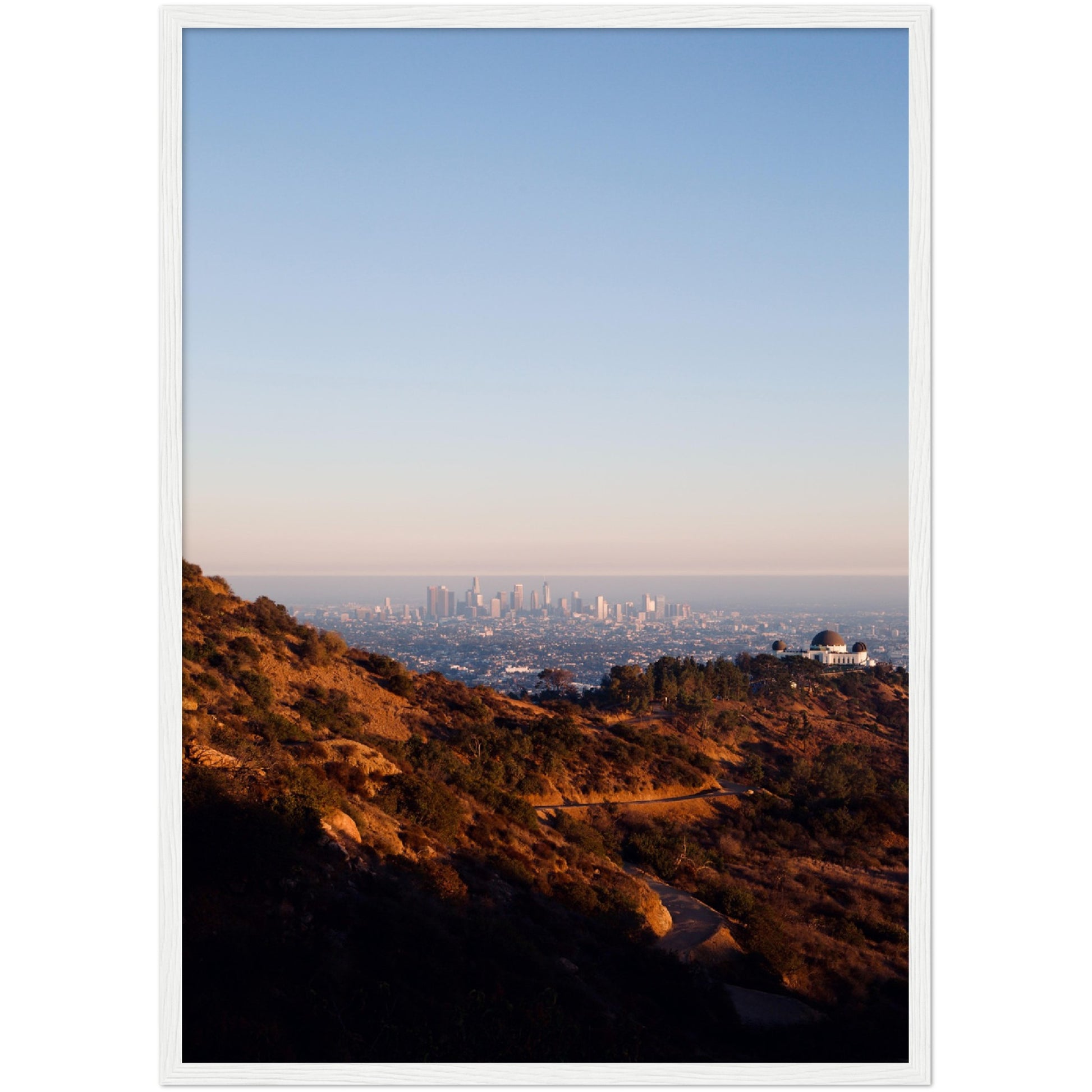 Los Angeles View Wall Art: Panoramic sunset view of the LA skyline from Griffith Observatory, showcasing city lights and hills.