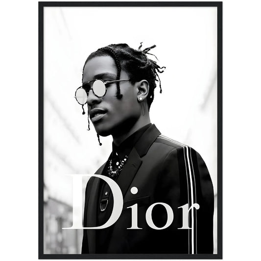 Asap Rocky Dior Wall Art: Black and white portrait of A$AP Rocky in a Dior suit