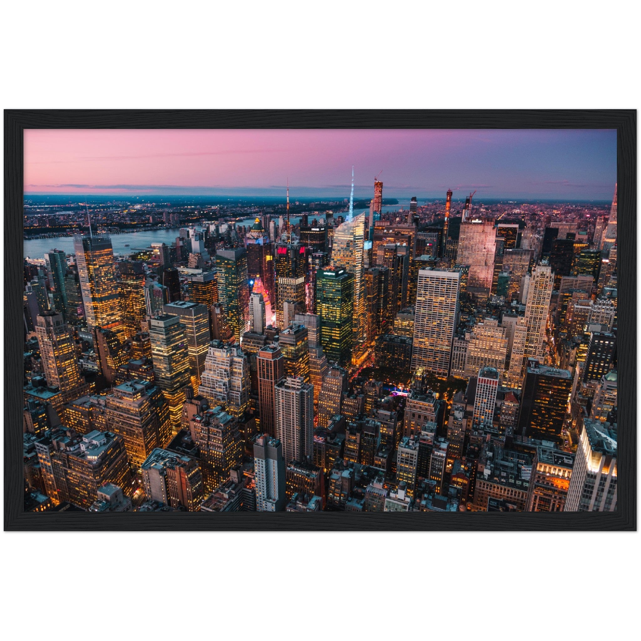 Manhattan Buildings Wall Art: Stunning aerial view of illuminated NYC skyscrapers at sunset
