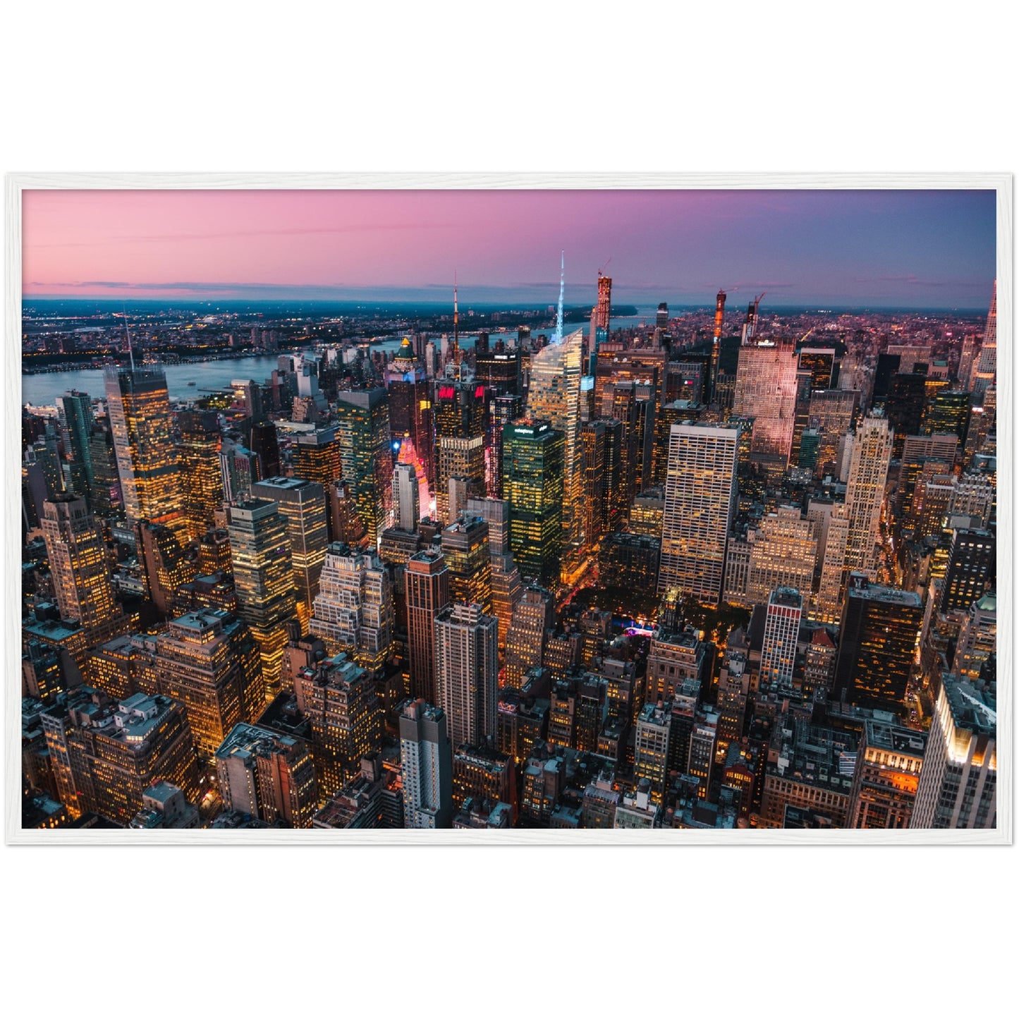 Manhattan Buildings Wall Art: Stunning aerial view of illuminated NYC skyscrapers at sunset