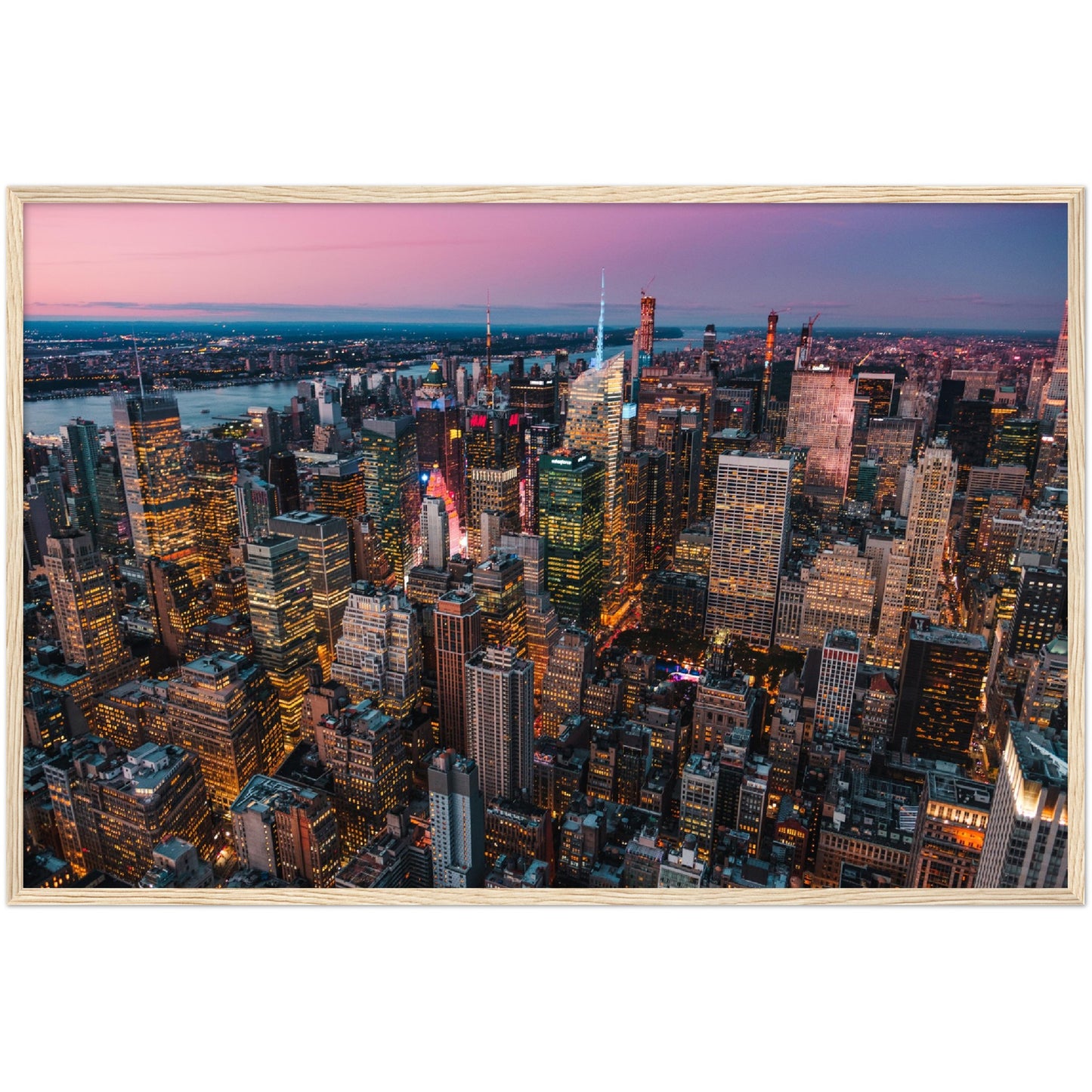 Manhattan Buildings Wall Art: Stunning aerial view of illuminated NYC skyscrapers at sunset