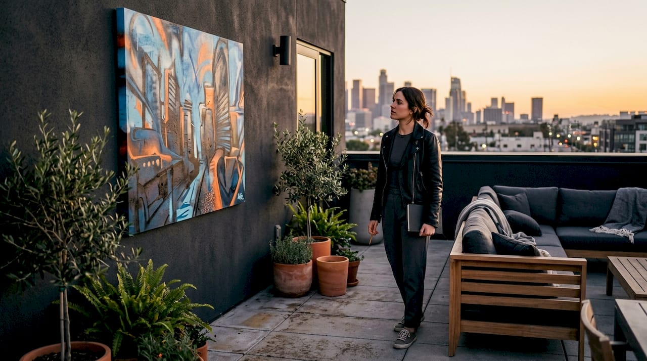 Woman examining graffiti canvas art in loft apartment