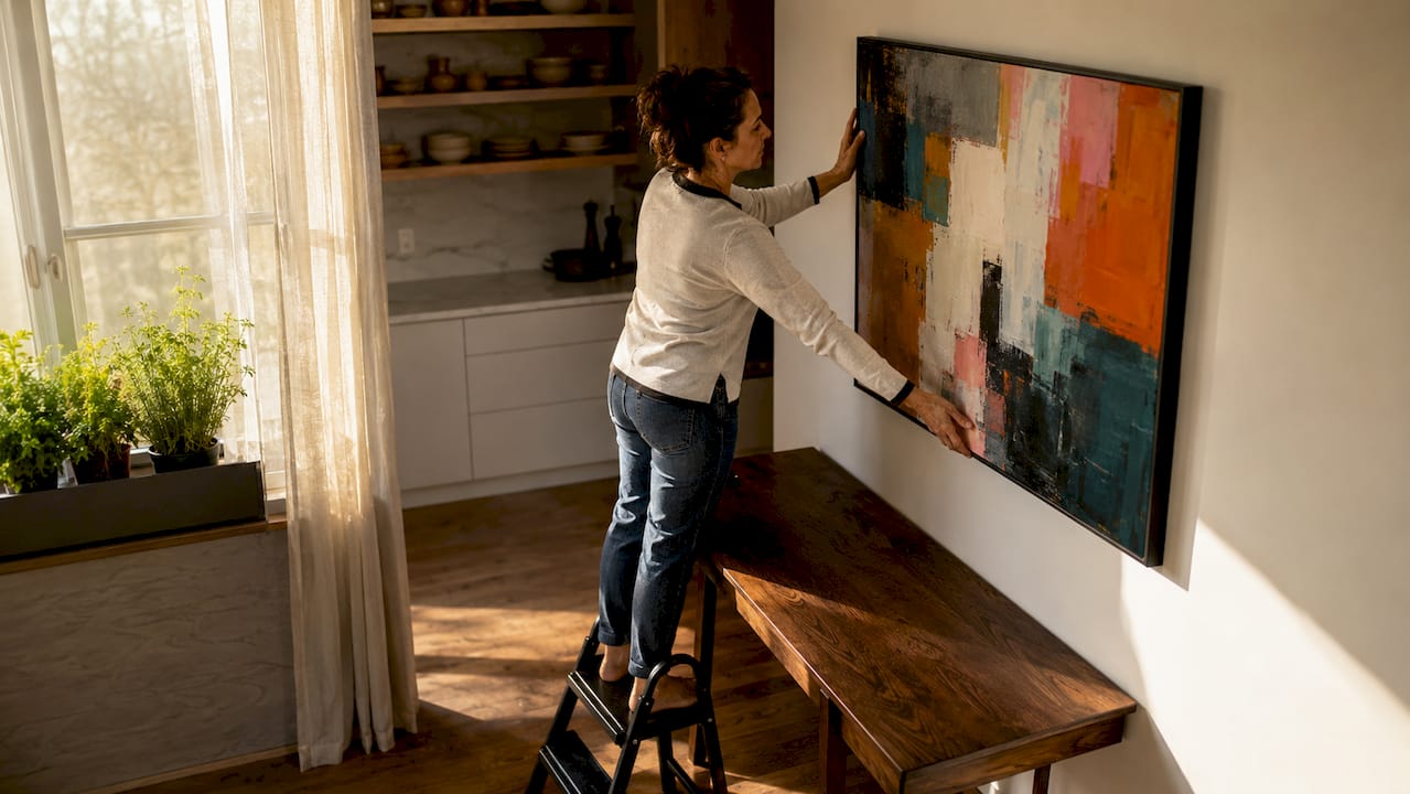 Woman hanging colorful wall art in living room