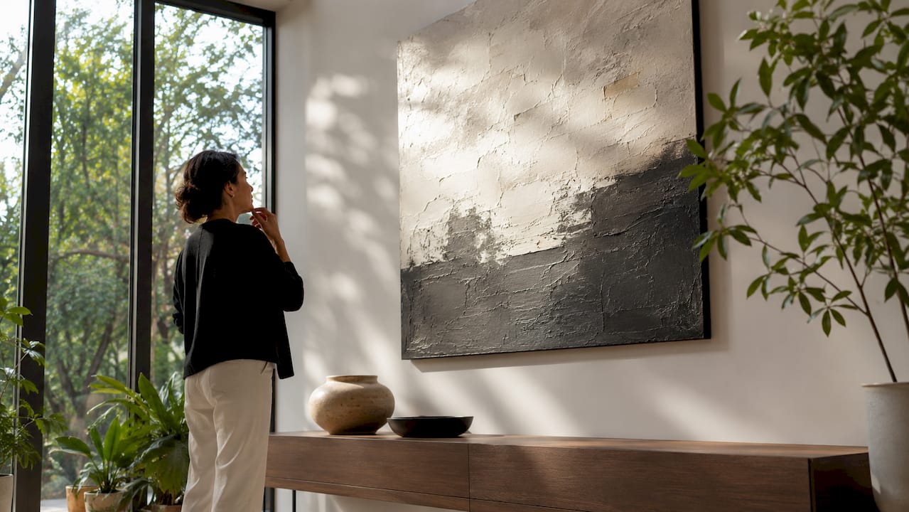 Woman examining luxury wall art in living room