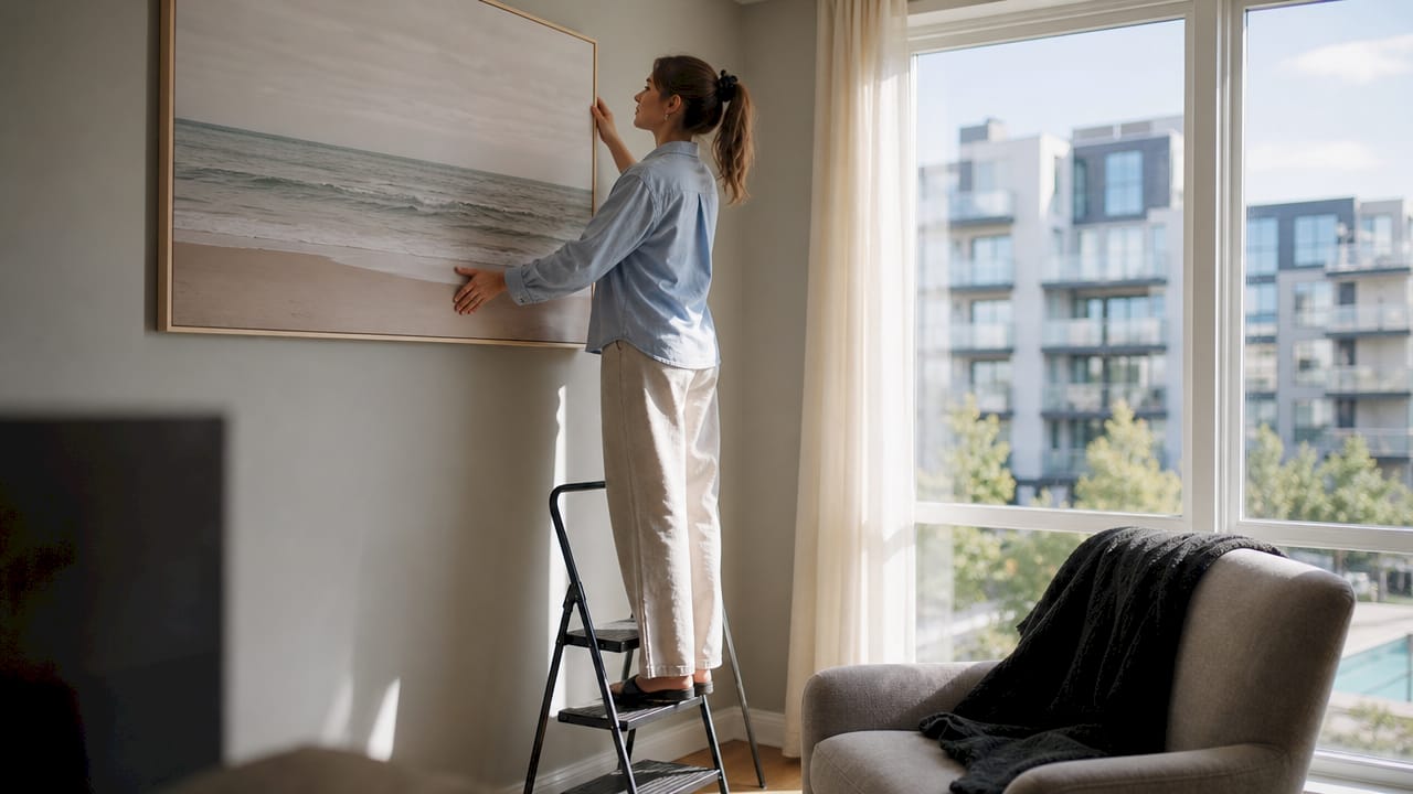 Woman placing landscape wall art in small living room