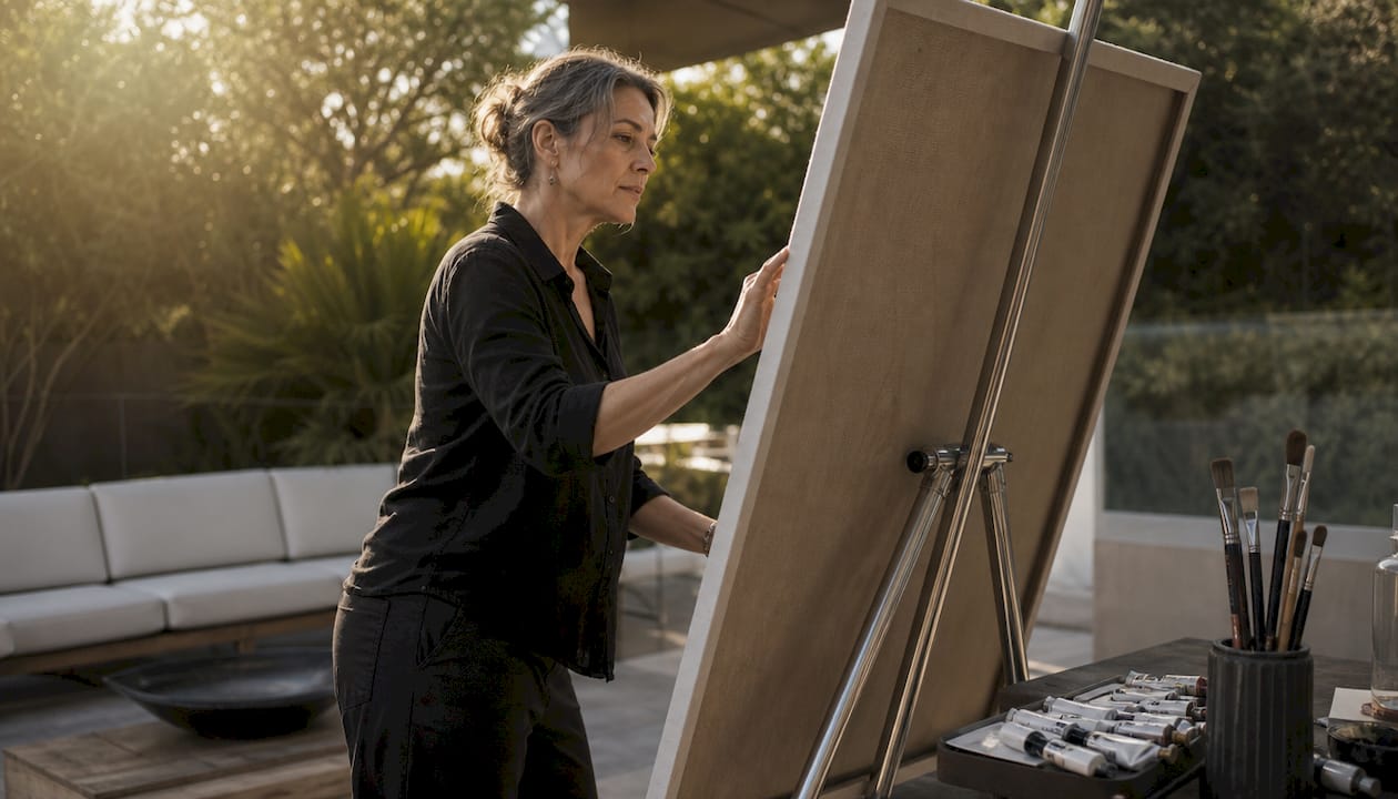 Artist inspecting premium canvas in studio