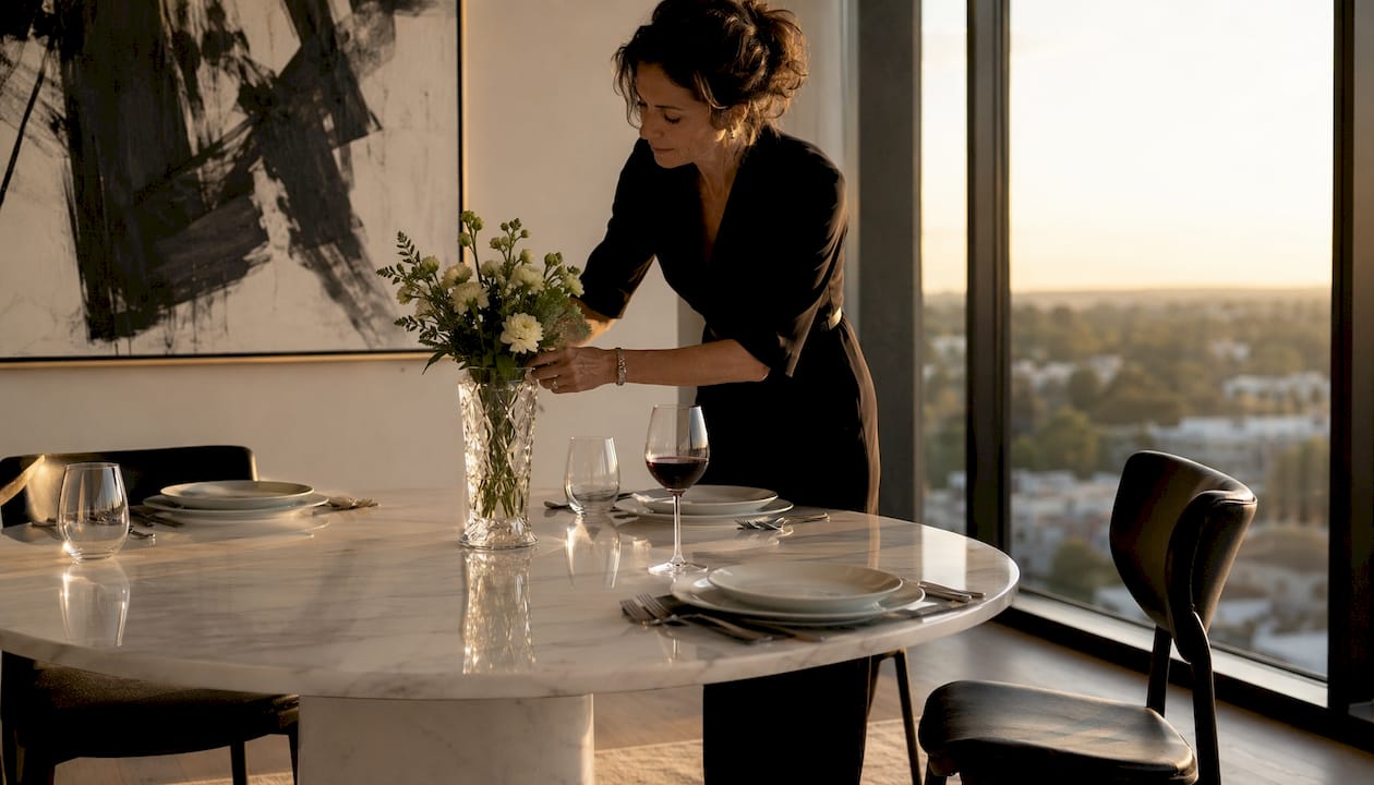 Elegant dining room with statement canvas above table
