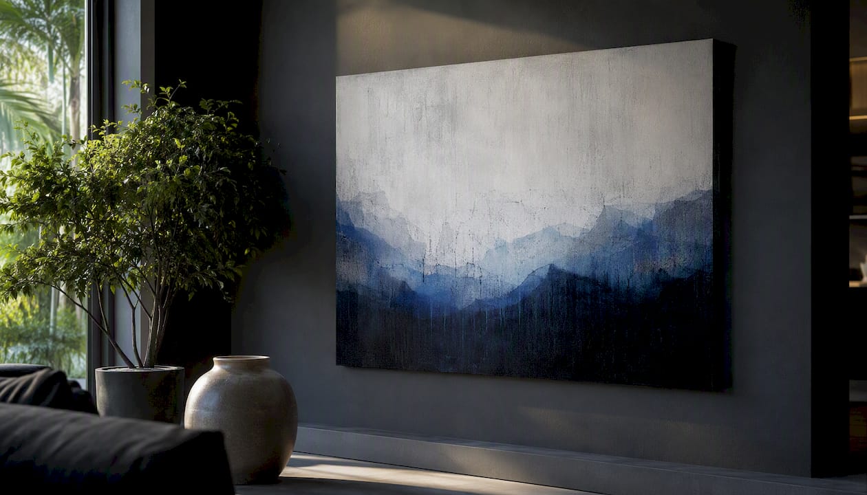 Hand adjusting digital art canvas on wall